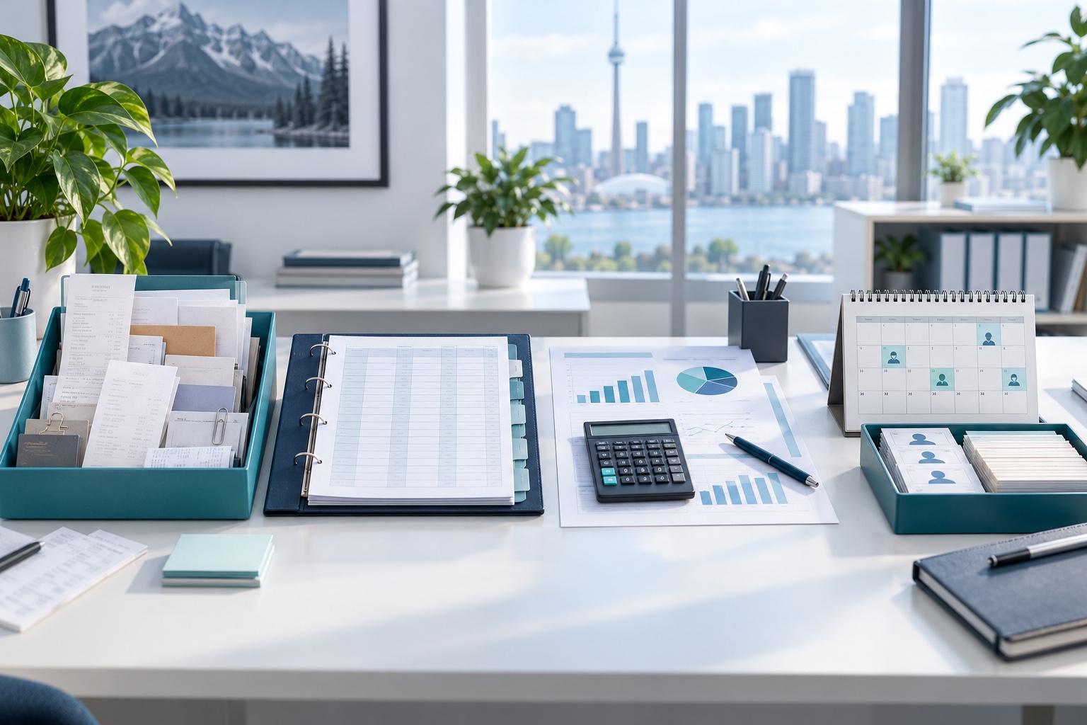 Four connected work areas representing recordkeeping, bookkeeping, accounting and payroll.