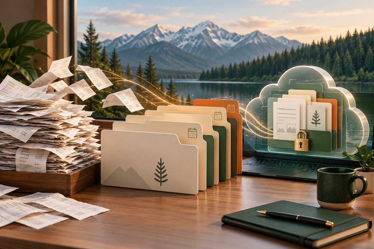Paper receipts moving into organized digital folders and secure cloud storage