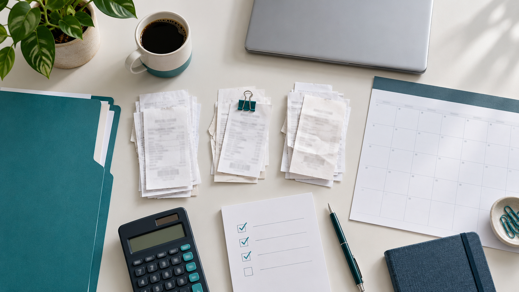 Organized desk with a calendar, checklist, calculator, teal folders, and unreadable generic receipts