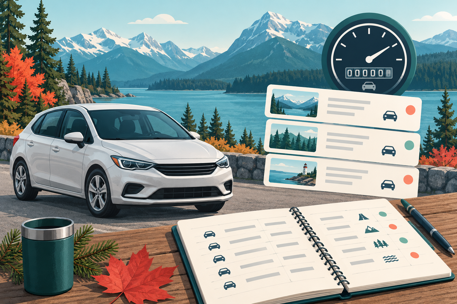 Generic vehicle, odometer and trip-log cards in a Canadian landscape without maps or addresses