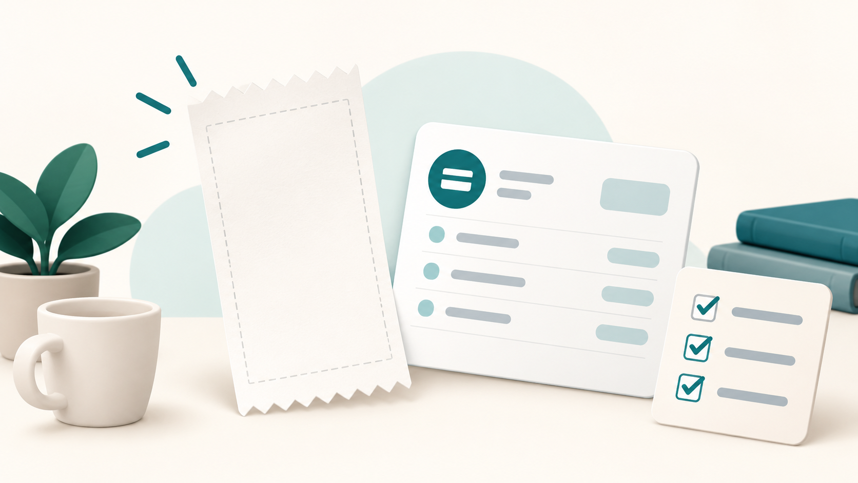 A blank receipt outline beside a generic transaction card and completed checklist