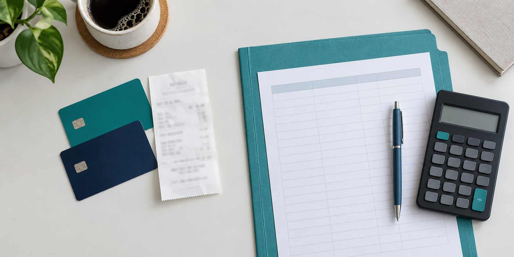 Deux cartes sans marque, reçu générique illisible, calculatrice, feuille vierge et dossier d’entreprise turquoise