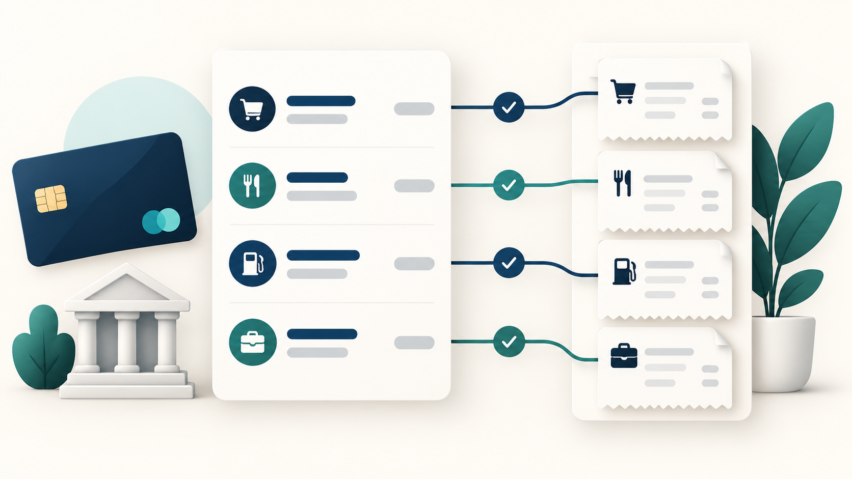 Generic bank transaction rows matched to receipt cards with lines and checkmarks
