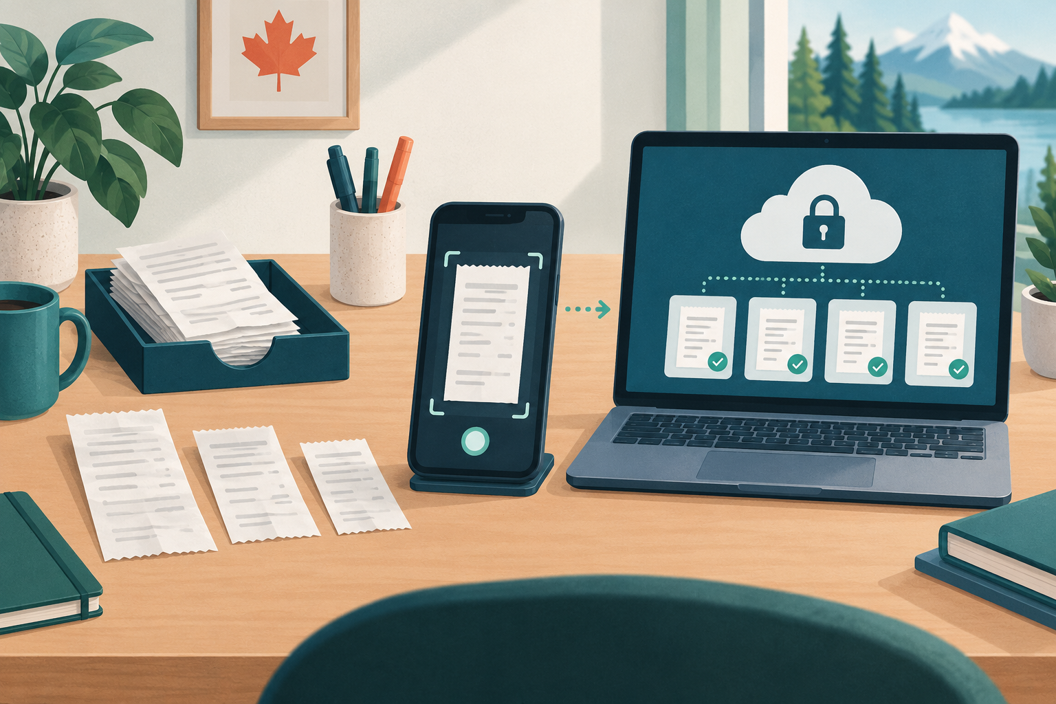 Generic paper and digital receipts being organized into a secure record system