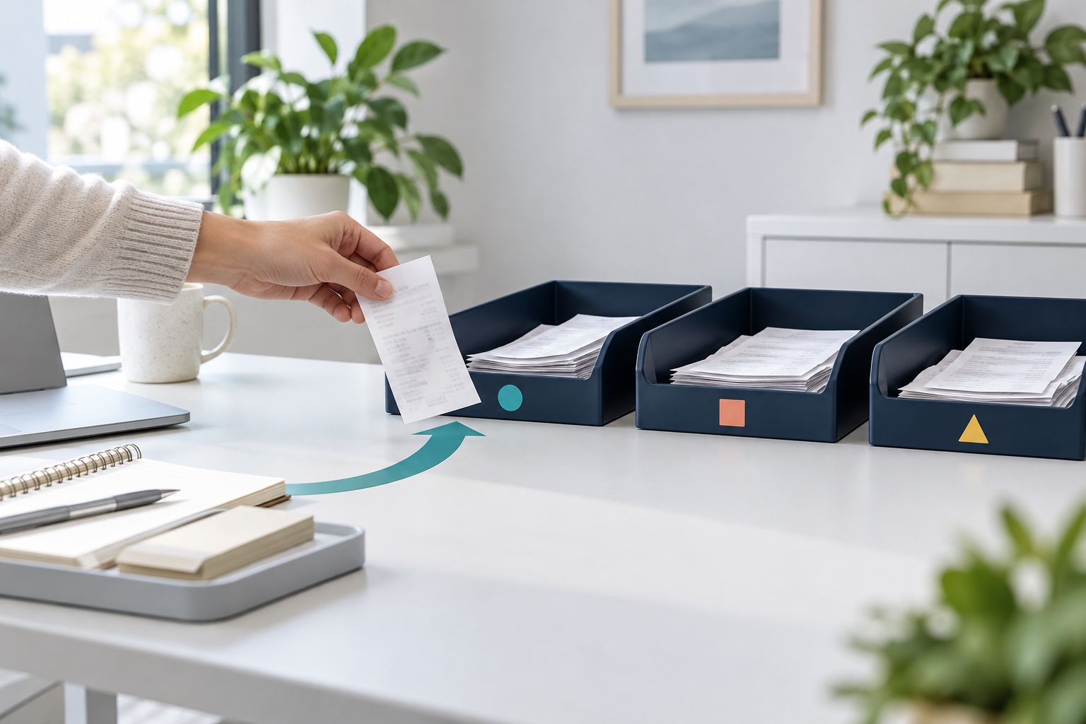 An owner routing one receipt into the correct folder among three separate Businesses.