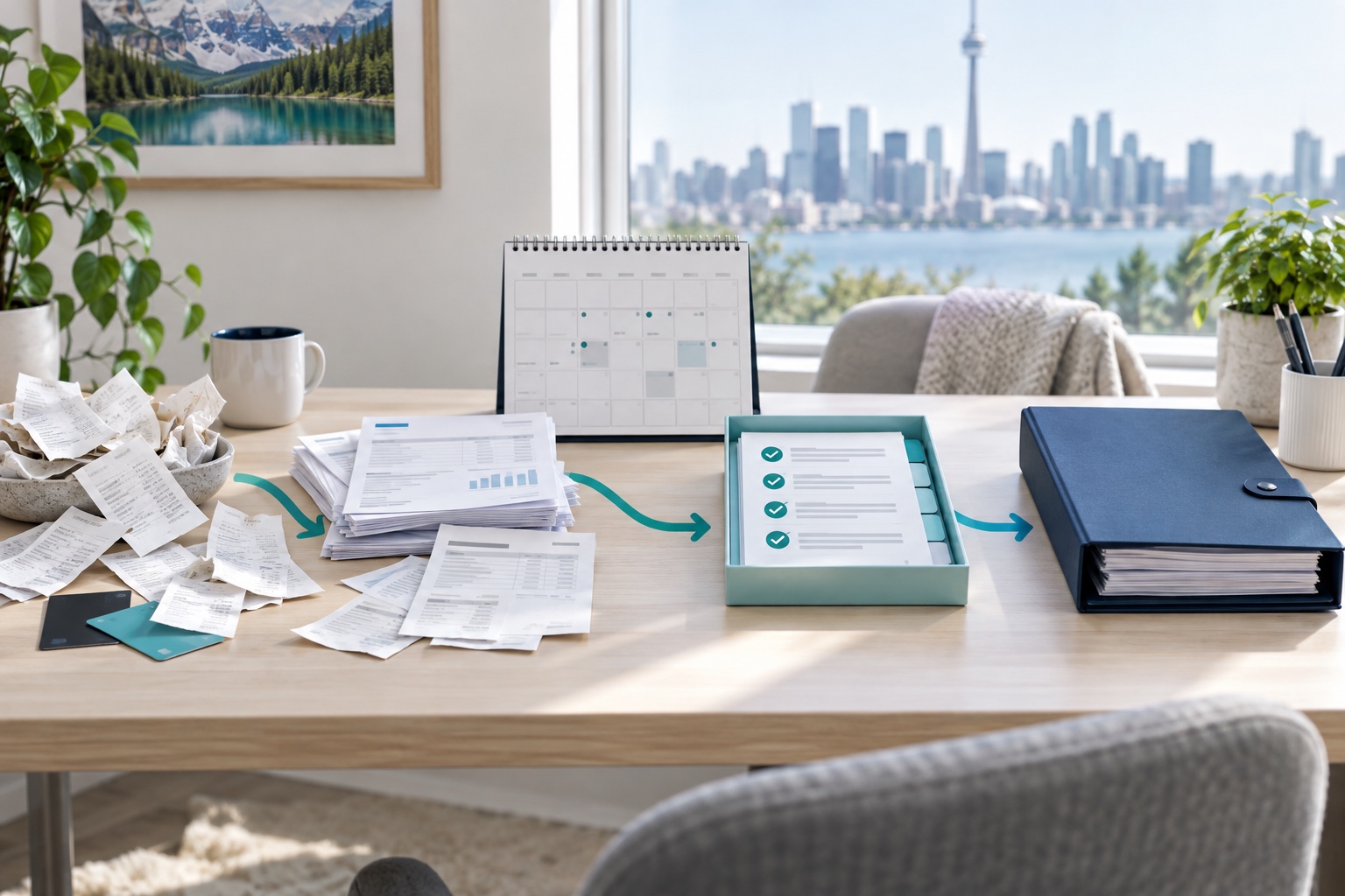 Monthly business records moving from receipts and statements into an organized accountant-ready package.