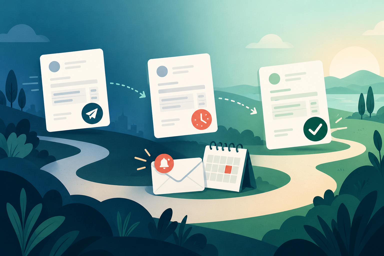 Generic invoice cards progressing from sent to due to paid with a neutral reminder envelope