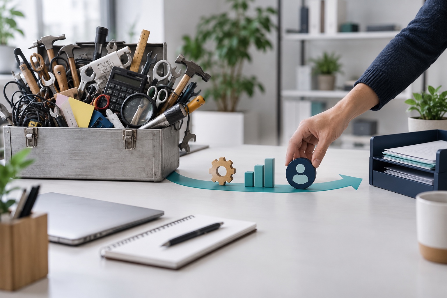 A business owner comparing an overloaded toolbox with a focused set of connected business tools.
