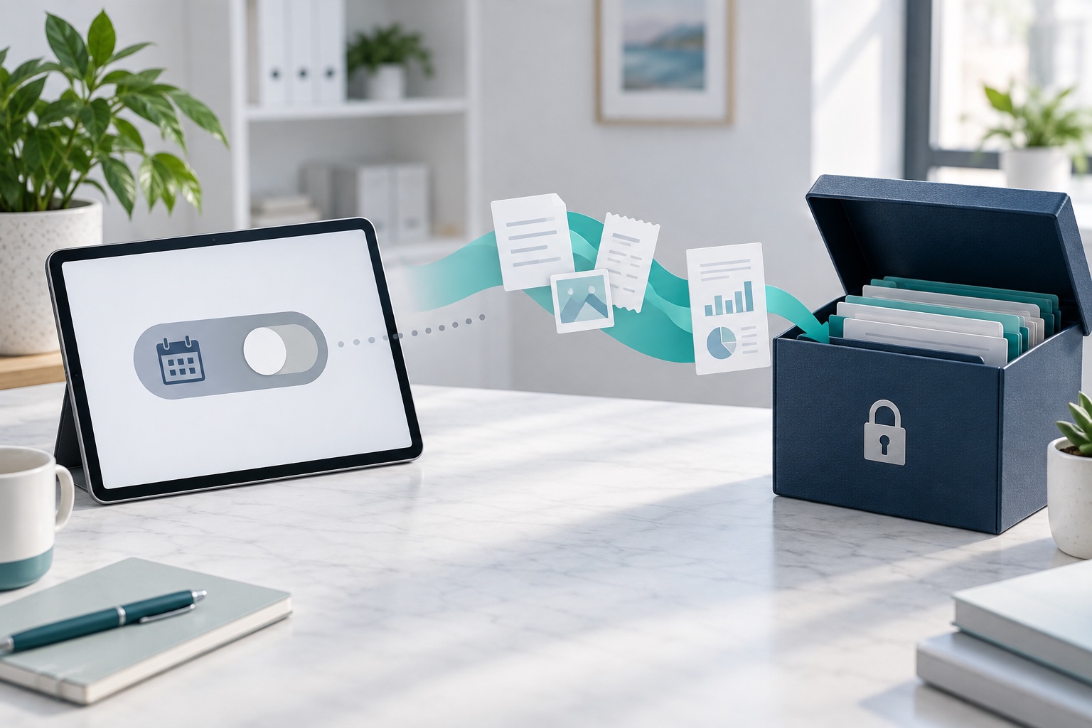 Business records moving into a secure archive separately from a cancelled software subscription.