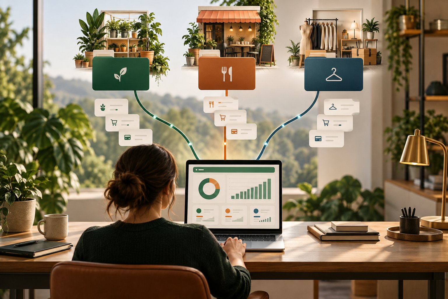 Entrepreneur managing three separate businesses from one organized expense dashboard
