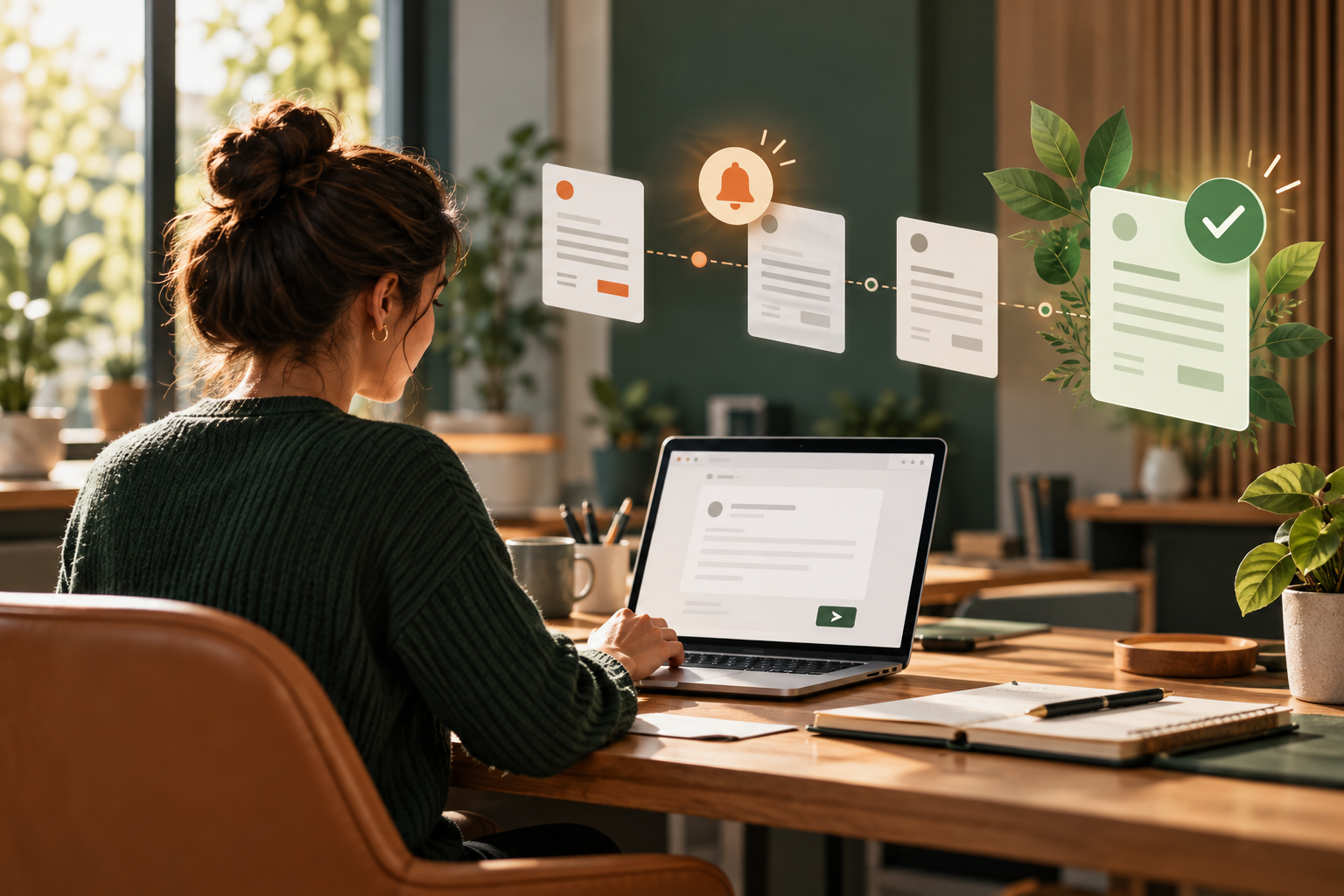 Business owner sending a professional invoice reminder through a calm follow-up timeline