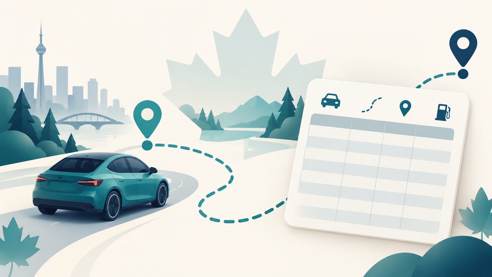 A generic car following a dotted route beside a blank business trip log card