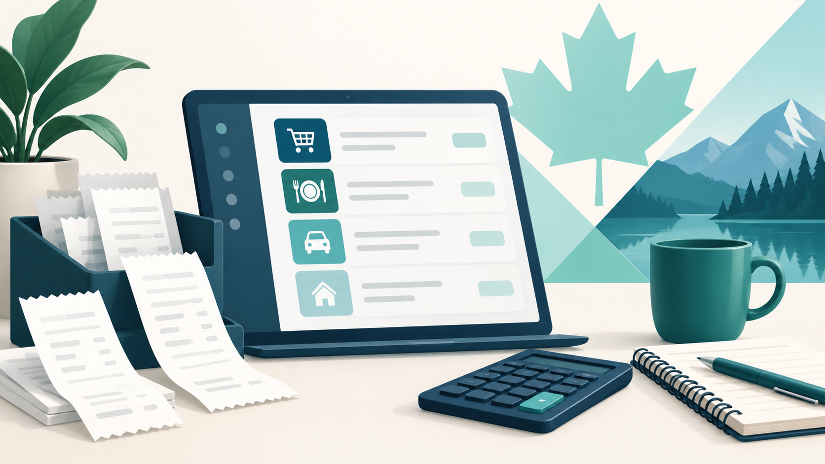 An organized digital expense ledger beside generic receipts in a teal Canadian-themed workspace