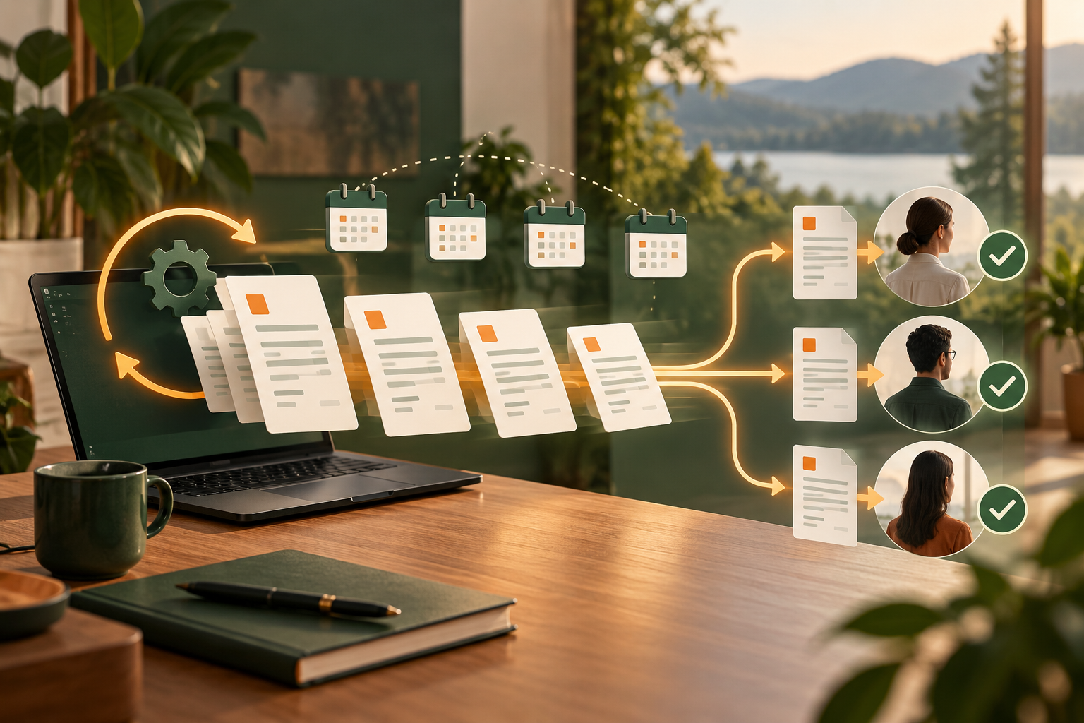 Recurring invoices moving through monthly calendar dates to customers with confirmation checks