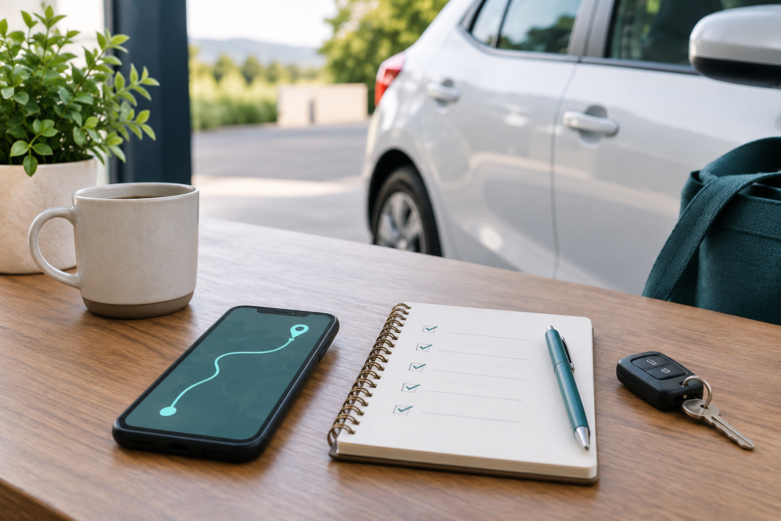 Voiture sans marque près d’un bureau avec illustration d’itinéraire, liste de déplacements vierge et clé de voiture
