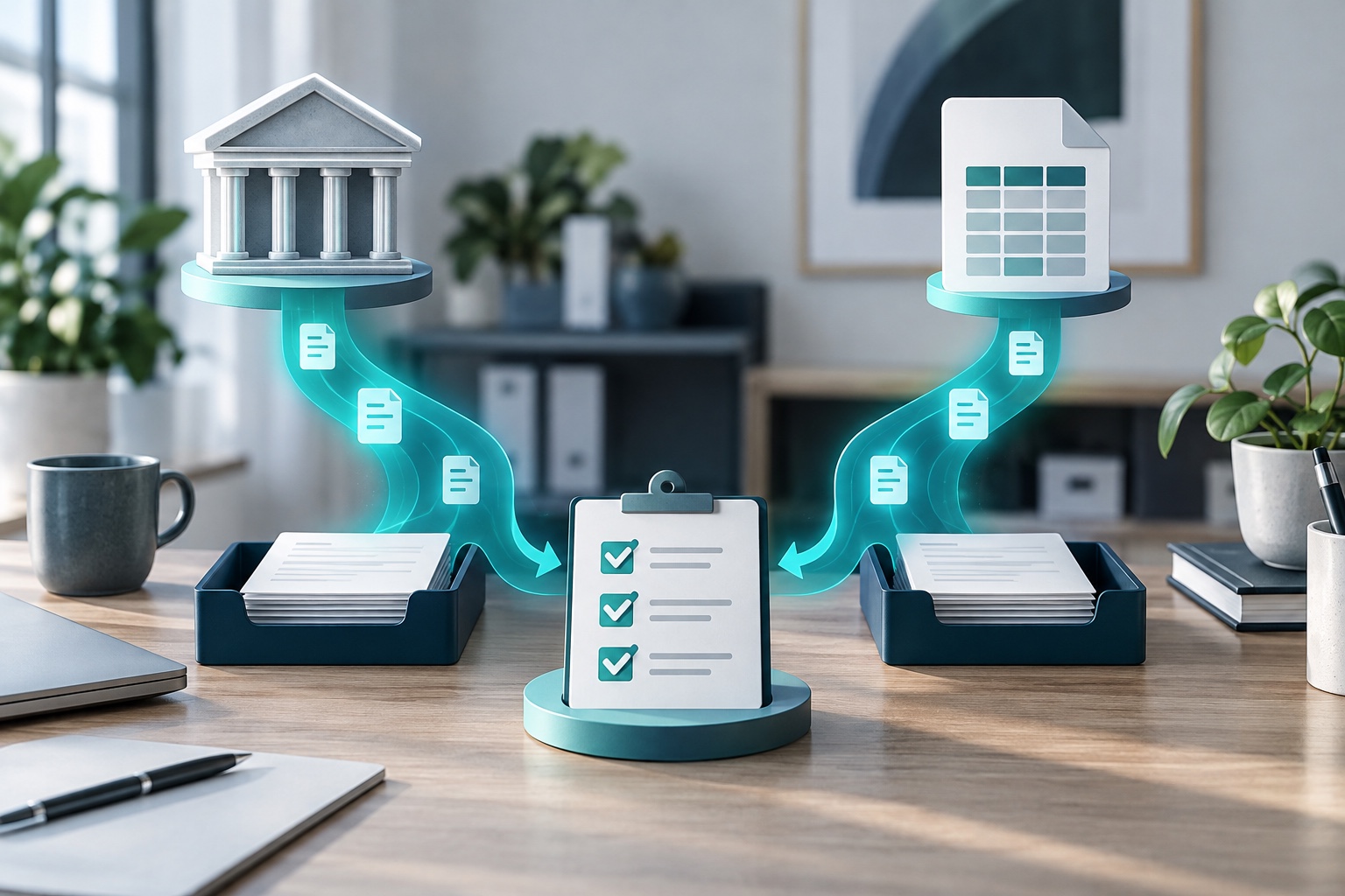 Direct bank data and a CSV statement file compared before entering a reviewed business-record workflow.