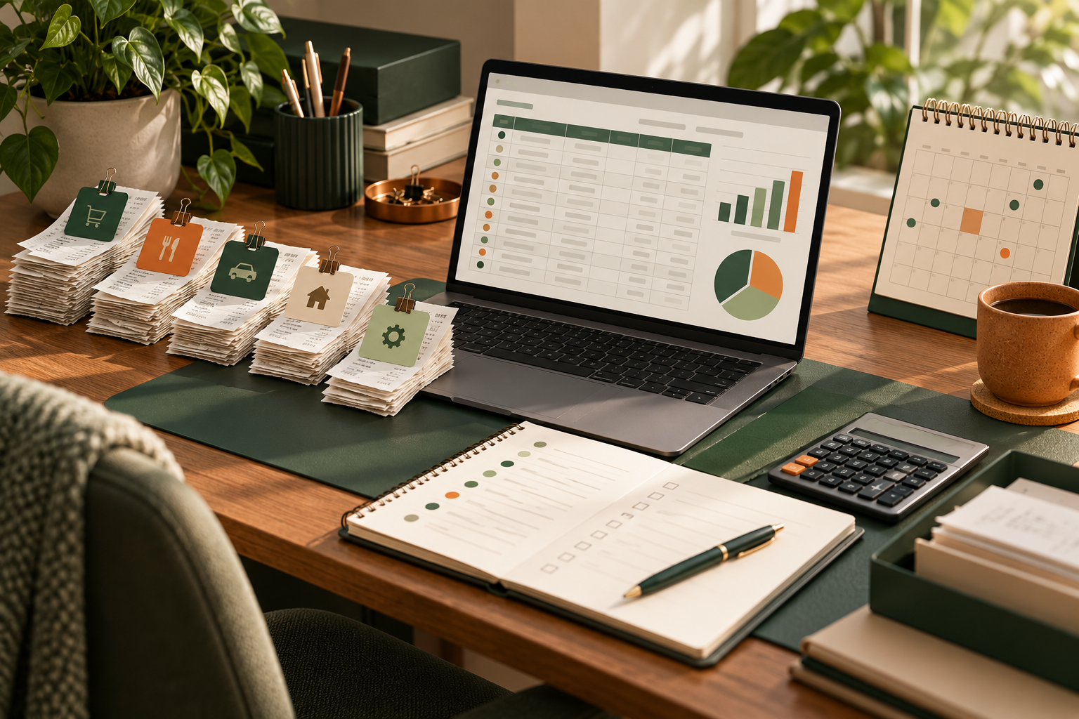 Organized expense spreadsheet, categorized receipts, calendar and monthly review checklist on a desk