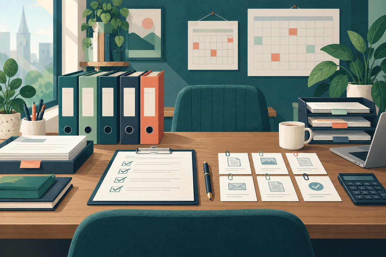Organized checklist, evidence cards and folders prepared for a monthly or year-end review