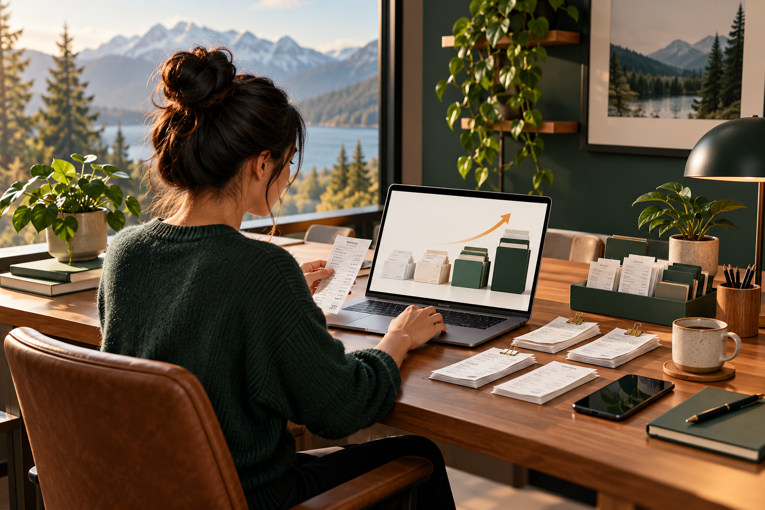 Self-employed business owner organizing receipts and expense records on a laptop at a bright Canadian workspace