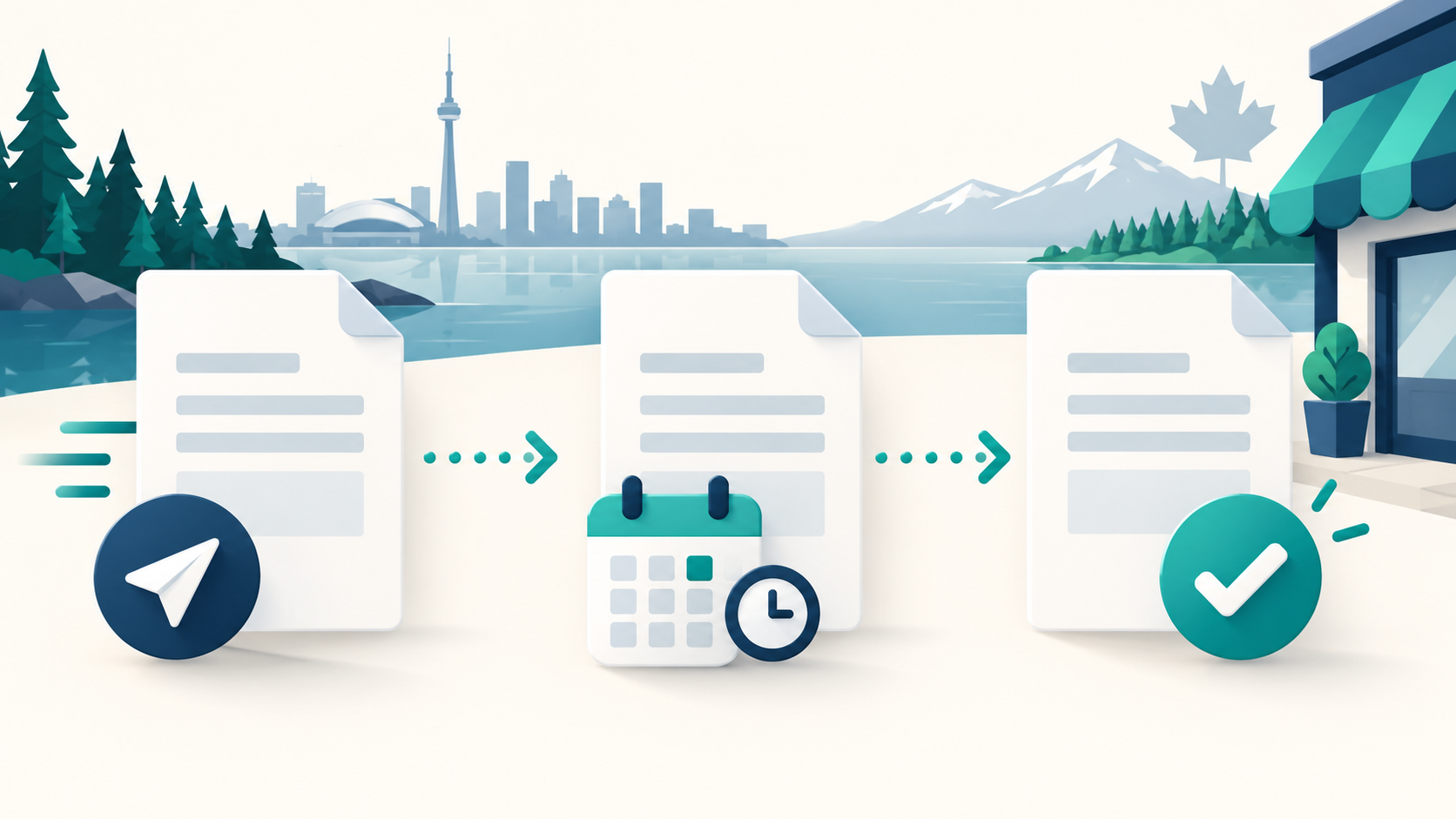 Generic invoice sheets moving through sent, due and paid stages