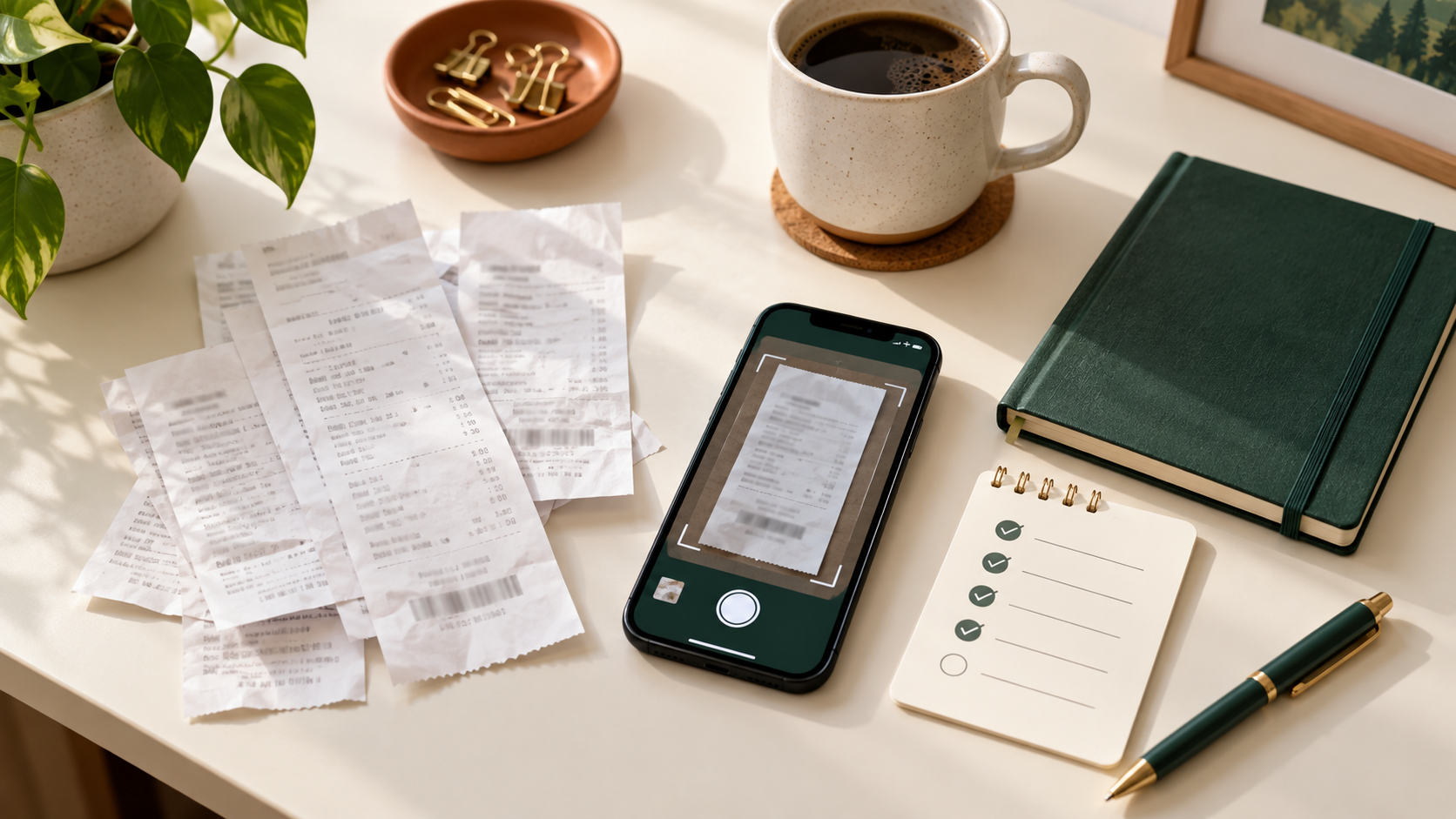 Receipts, a smartphone receipt scanner, notebook and weekly checklist arranged on a tidy desk