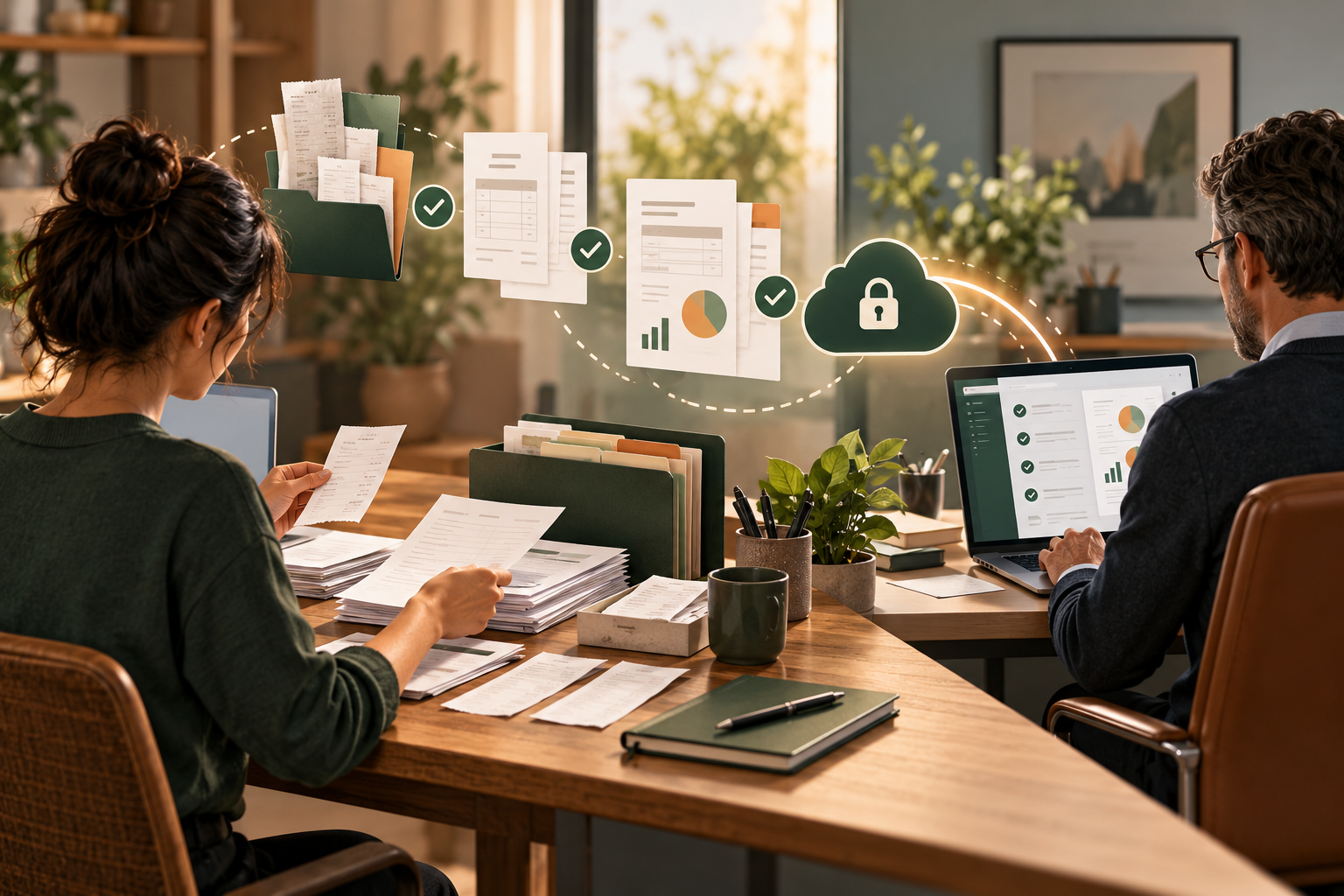 Business owner and accountant reviewing organized receipts and expense reports together