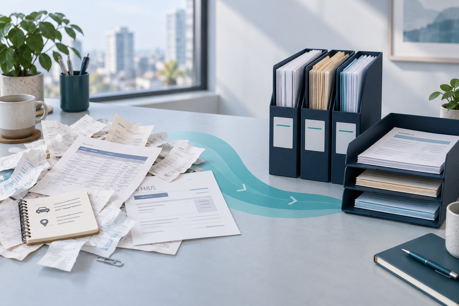 A desk transitions from scattered receipts and business papers into organized navy folders and review trays along a teal path.