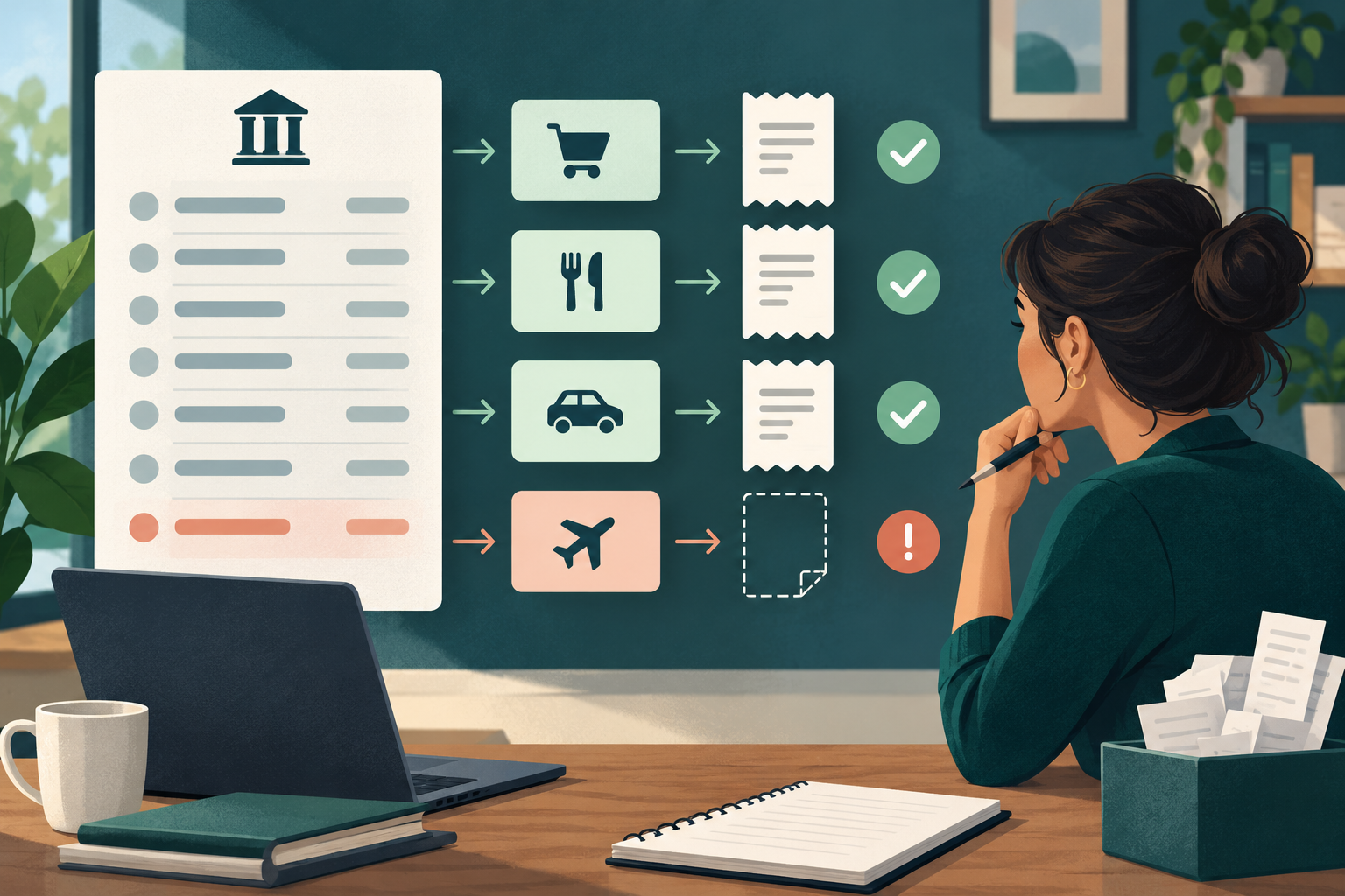 Generic bank statement rows matched to expense records and receipts with clear status indicators