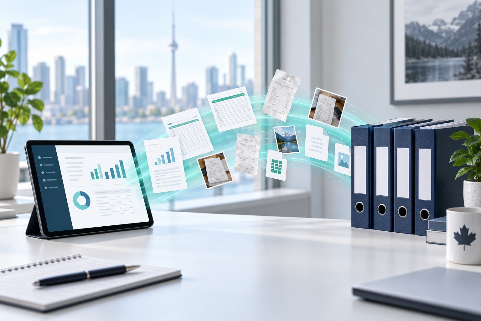 Business reports, receipt files and record folders organized for a software transition.
